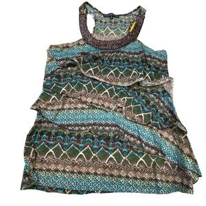 Wishful Park Blue and Brown Asymmetrical Ruffled Tank Topw/ beaded‎ neck sz M
